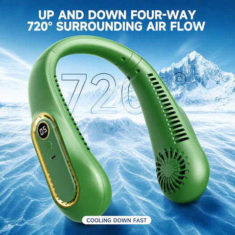 ❄️ Rechargeable Neck Fan — Strong Turbo Cooling Wind & 5-Speed Hands-Free Comfort
