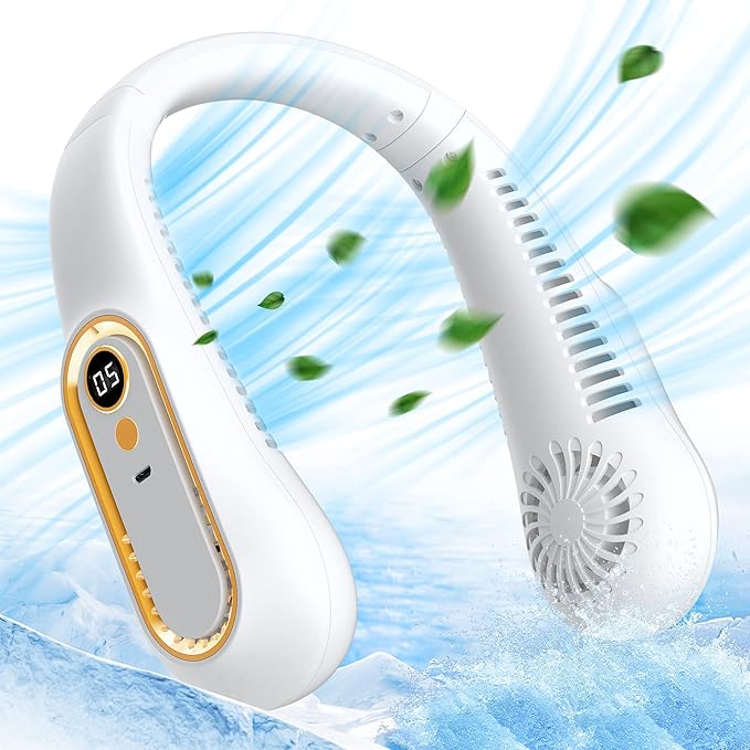 ❄️ Rechargeable Neck Fan — Strong Turbo Cooling Wind & 5-Speed Hands-Free Comfort